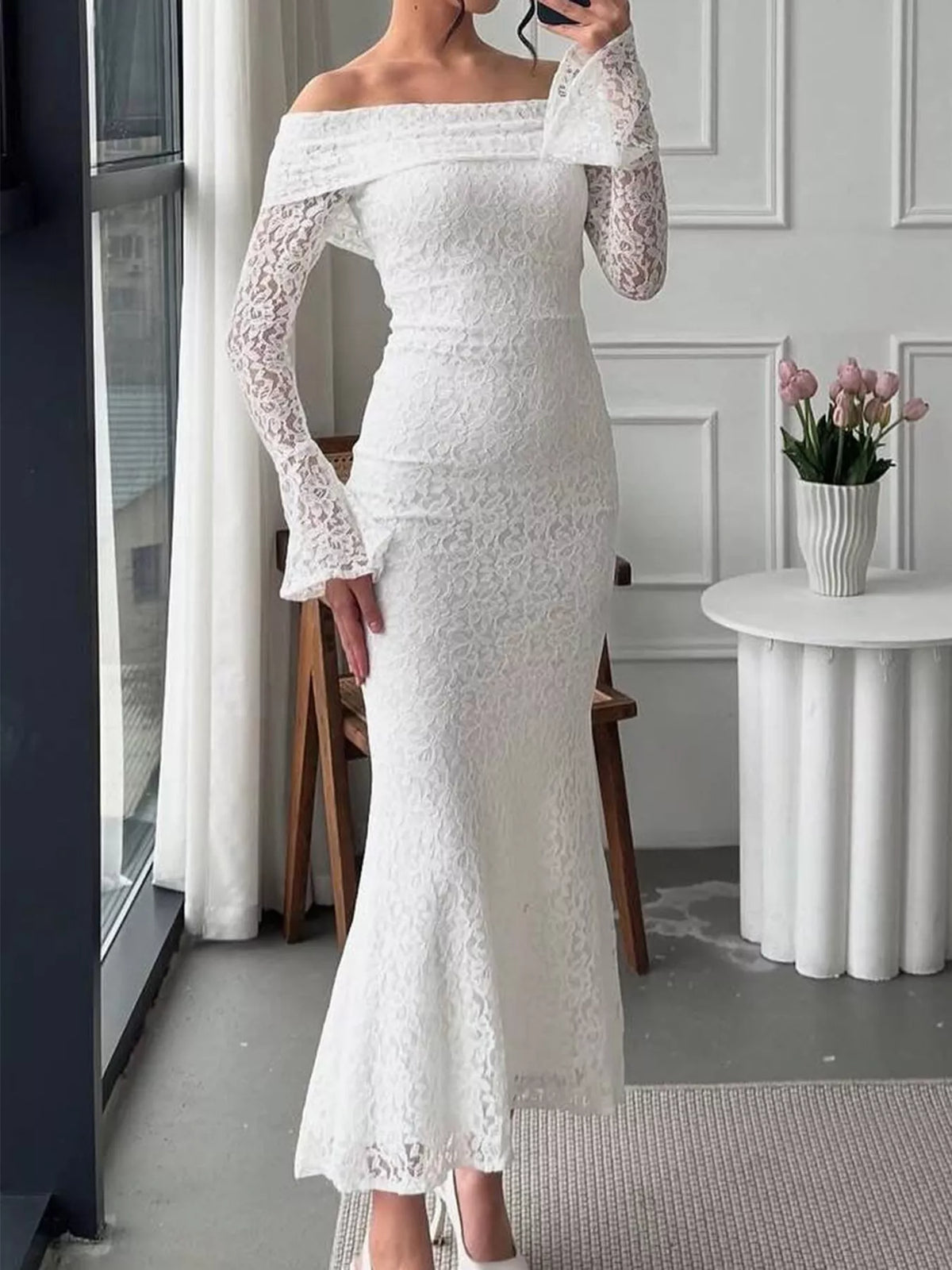 Off-Shoulder Lace Bodycon Maxi Dress