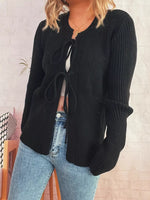 Ribbed Tie Front Long Sleeve Cardigan