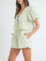 V-Neck Puff Sleeve Top and Shorts Set