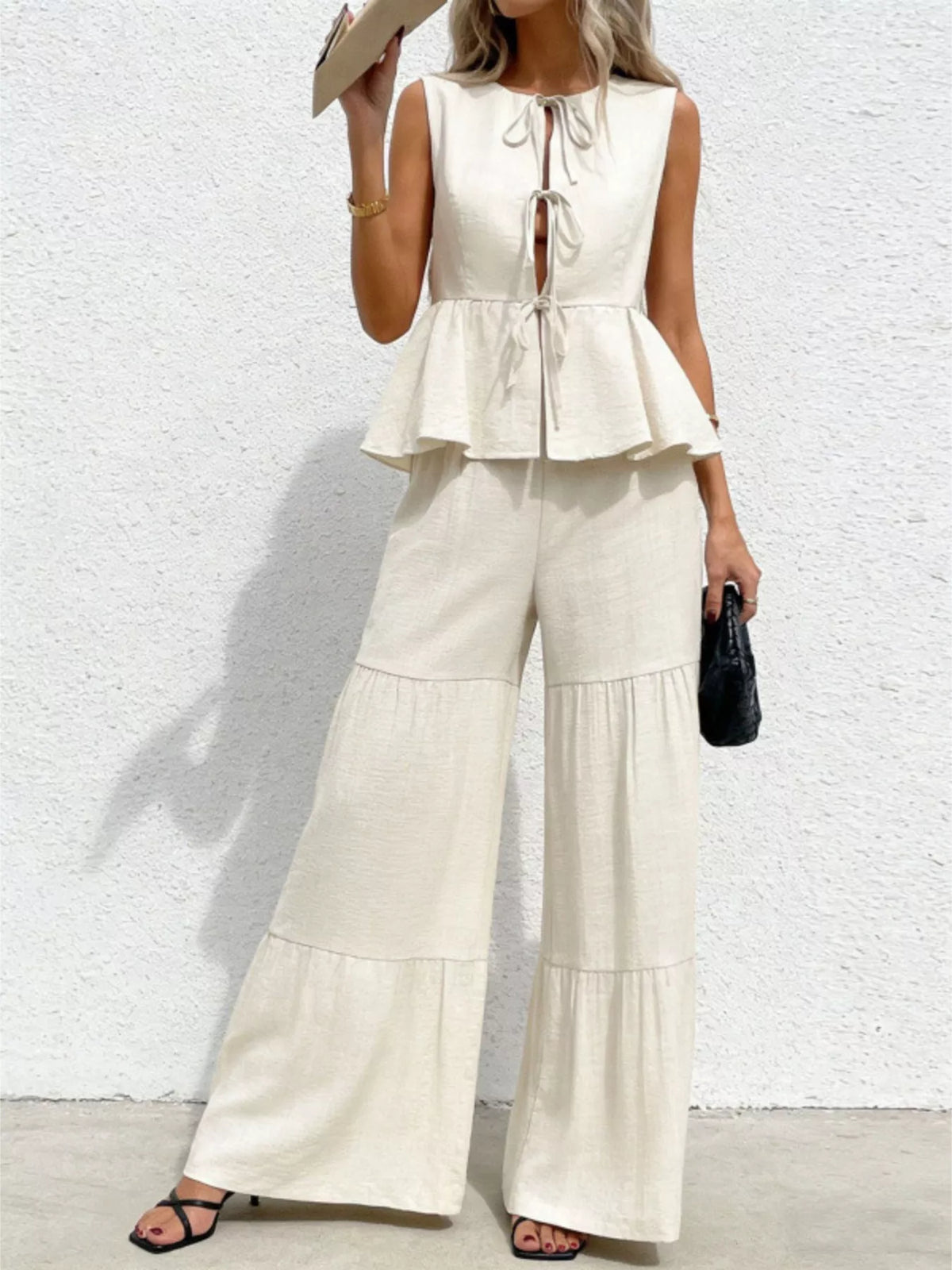 Sleeveless Tie-Front Top and Wide Leg Pants Set