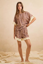 BiBi Leopard and Eyelet Lace Ruffled Top and Shorts Set