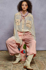 POL Texture Woven Button Down Hooded Shirt with Drawstring Hem