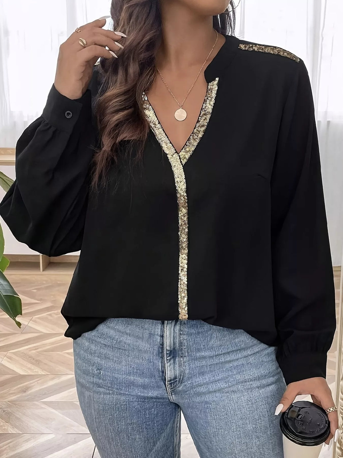 Sequin Trim Notched Long Sleeve Blouse