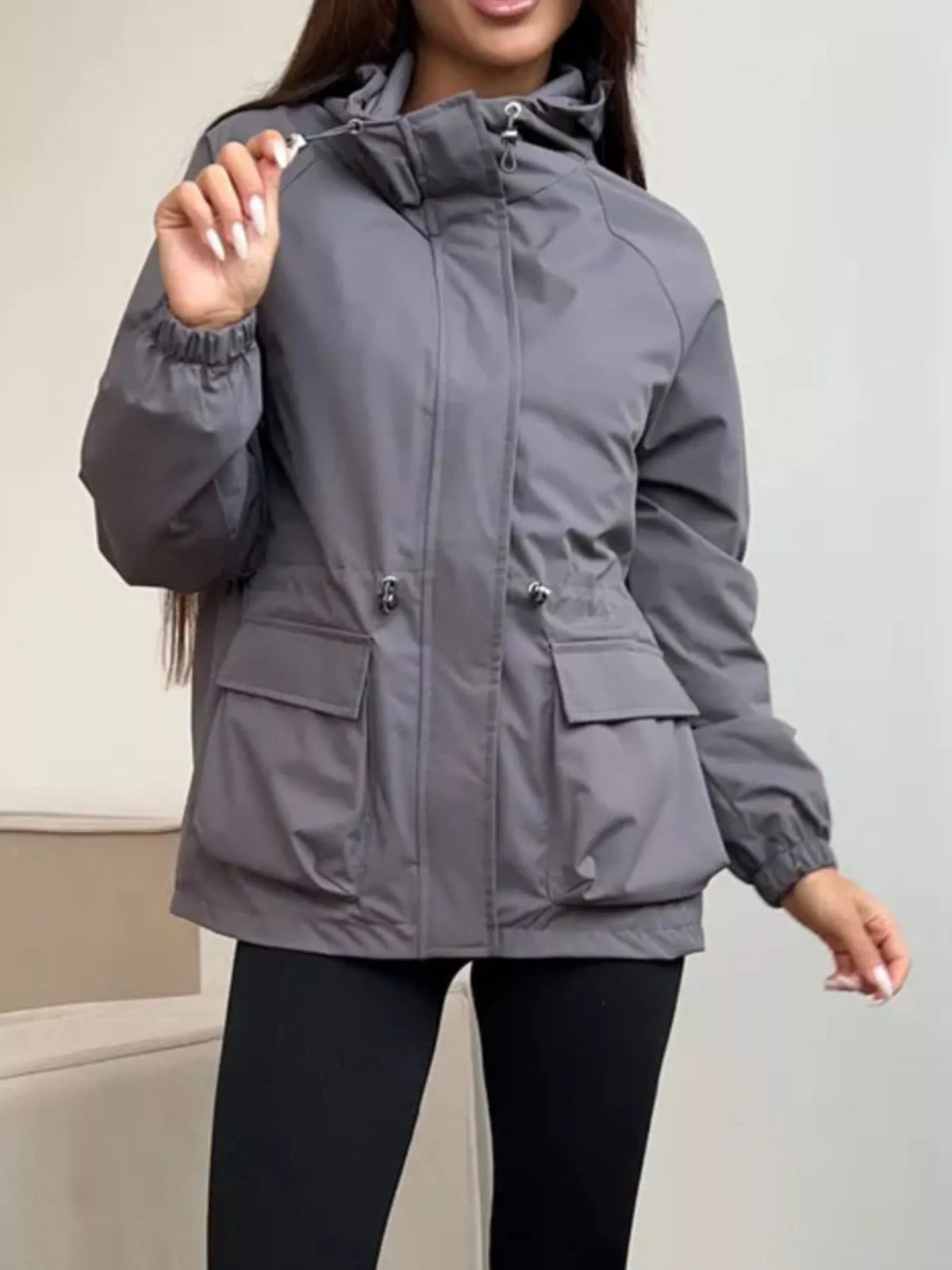 Drawstring Waist Hooded Windbreaker Outerwear