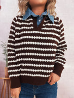 Contrast Striped Sweater with Denim Collar