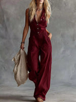 Sleeveless Button-Down Wide-Leg Jumpsuit