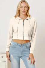 Waffle-Knit Drawstring Zip Up Hoodie