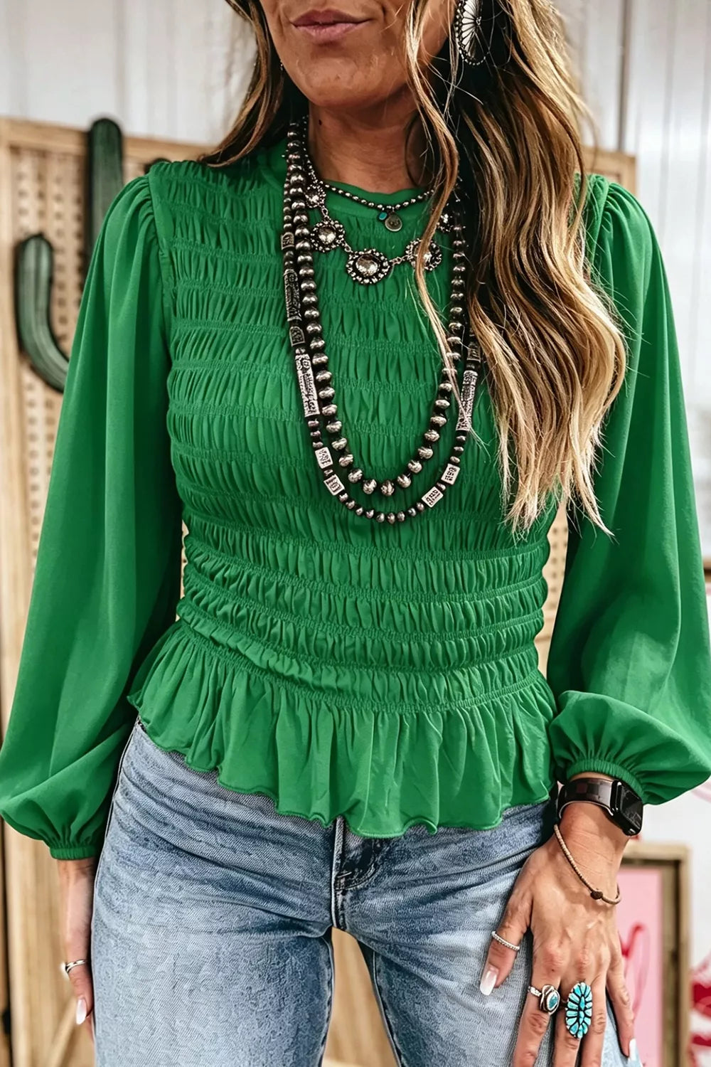Smocked Balloon Sleeves Peplum Blouse
