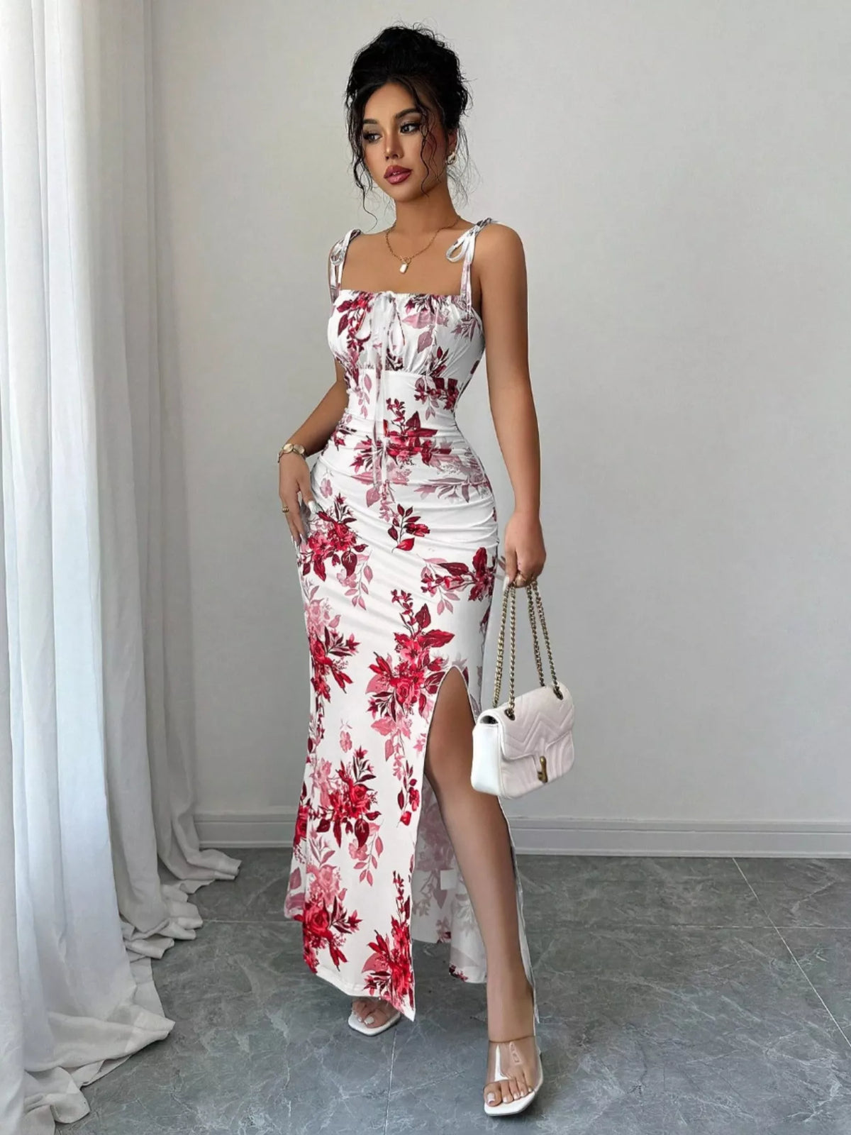 Printed Tie Strap Slit Maxi Dress