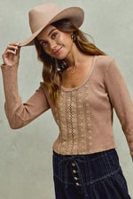 SO ME Vintage Washed Lace Crop Thermal Washed Knit Top