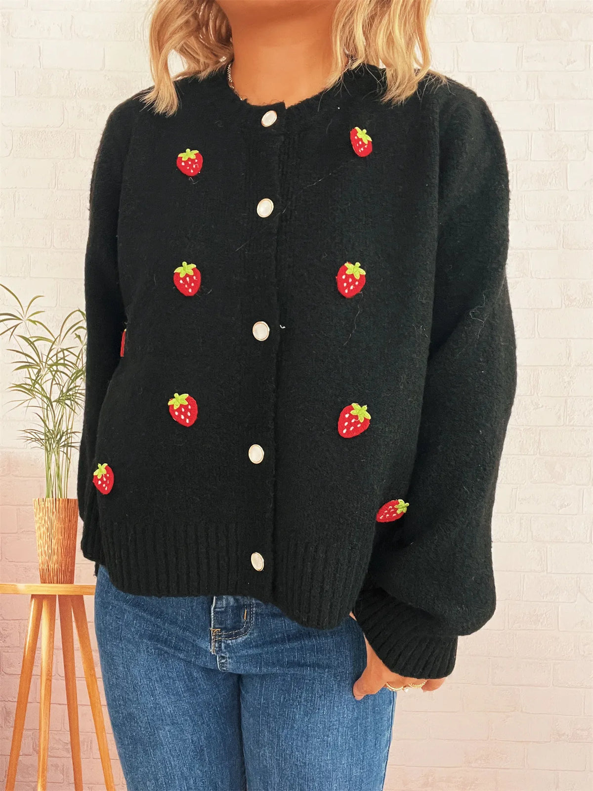Strawberry Button Up Long Sleeve Cardigan