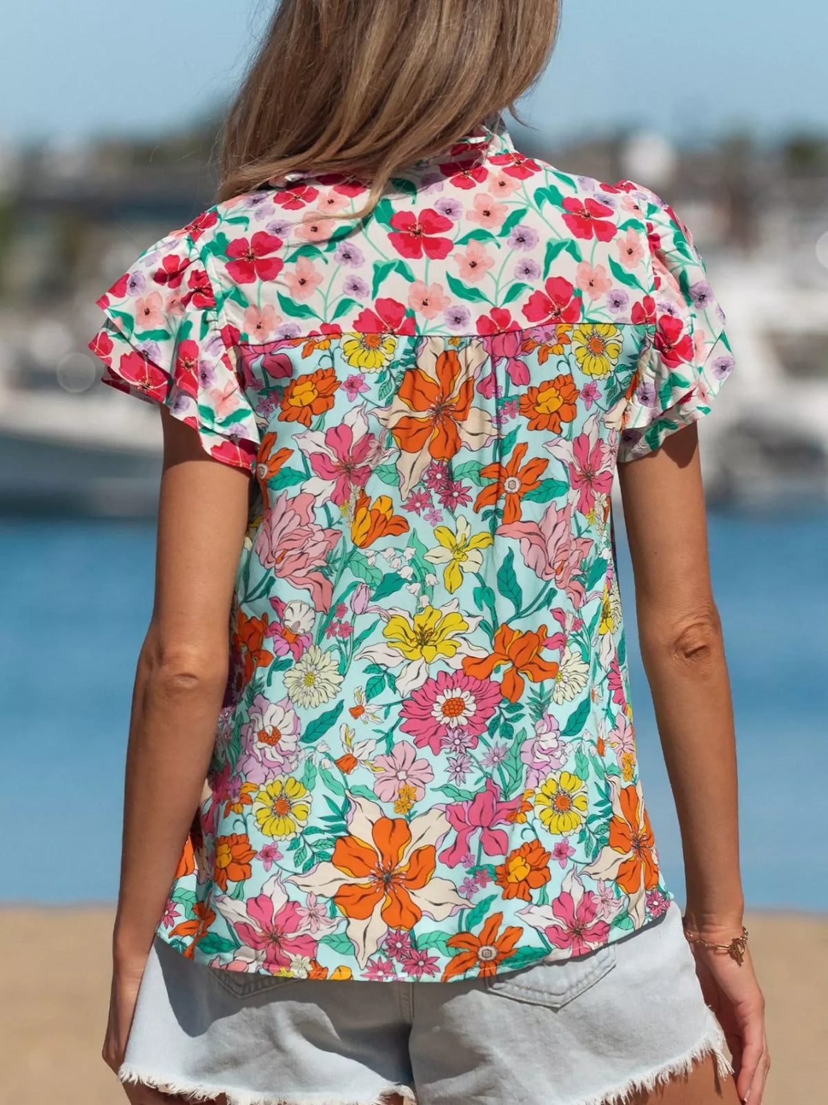 Floral Print Split Neck Button Front Flutter Sleeve Blouse