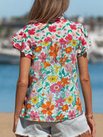 Floral Print Split Neck Button Front Flutter Sleeve Blouse