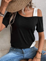 Asymmetrical Cold Shoulder Color Block T-Shirt