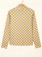 Check Pattern Turtleneck Slim Long Sleeve Tee