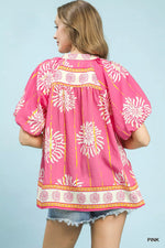 Umgee Floral Border Smocked V-Neck Boho Blouse