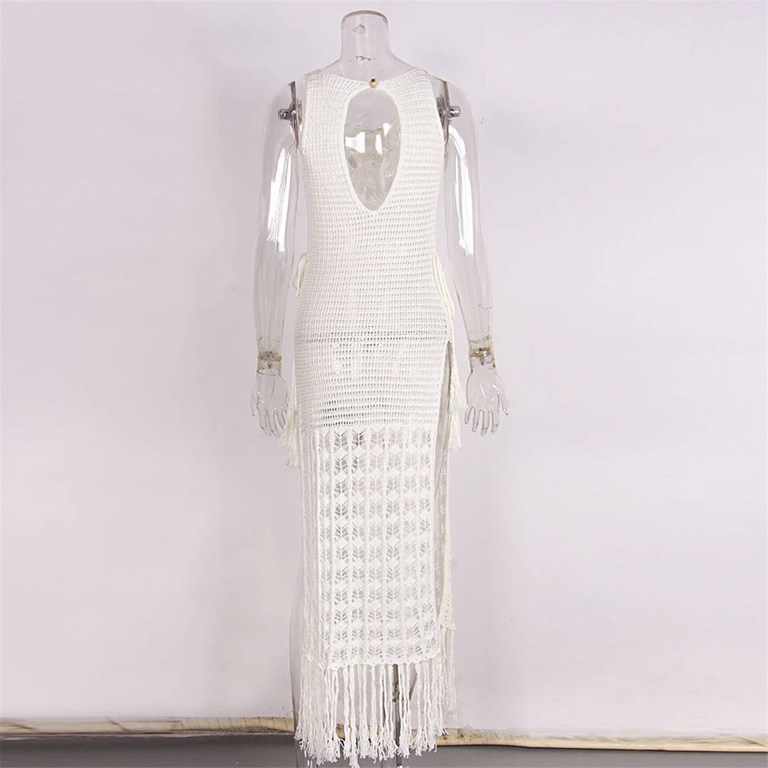S-XL Sexy Hollow Out Fringe Tassel Knitted Crochet Tunic Beach Cover Up Cover-ups Beach Dress Beach Wear Beachwear Female V3800C