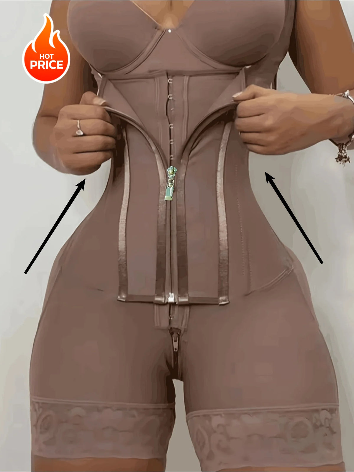 Women's High-Waisted Lace Shapewear Bodysuit - Non-Padded, Full-Coverage, Zipper Closure, Nylon Knit Fabric with Elegant Contras