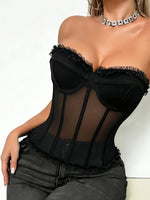 A black women's casual retro sexy double-layer mesh fishbone underwire slim-fit vest with lace details on the front and a tie de