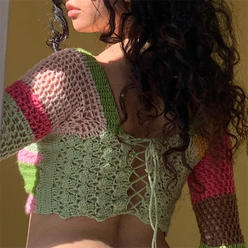 Women Summer Crop Tops Splicing Crochet Square Neck Long Sleeves Knitted T-shirt Tops 2021 Streetwear for Girls Green
