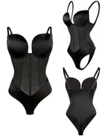 1pc Sexy Corset Solid Color Deep V Neck Contouring Onesie Belly Control Waist Trainer Slimming Thong Shapewear Women'S Lingerie