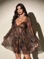 Plus-size women's V-neck leopard print long-sleeved party mini dress, featuring a shimmering sheer skirt that's perfect for part