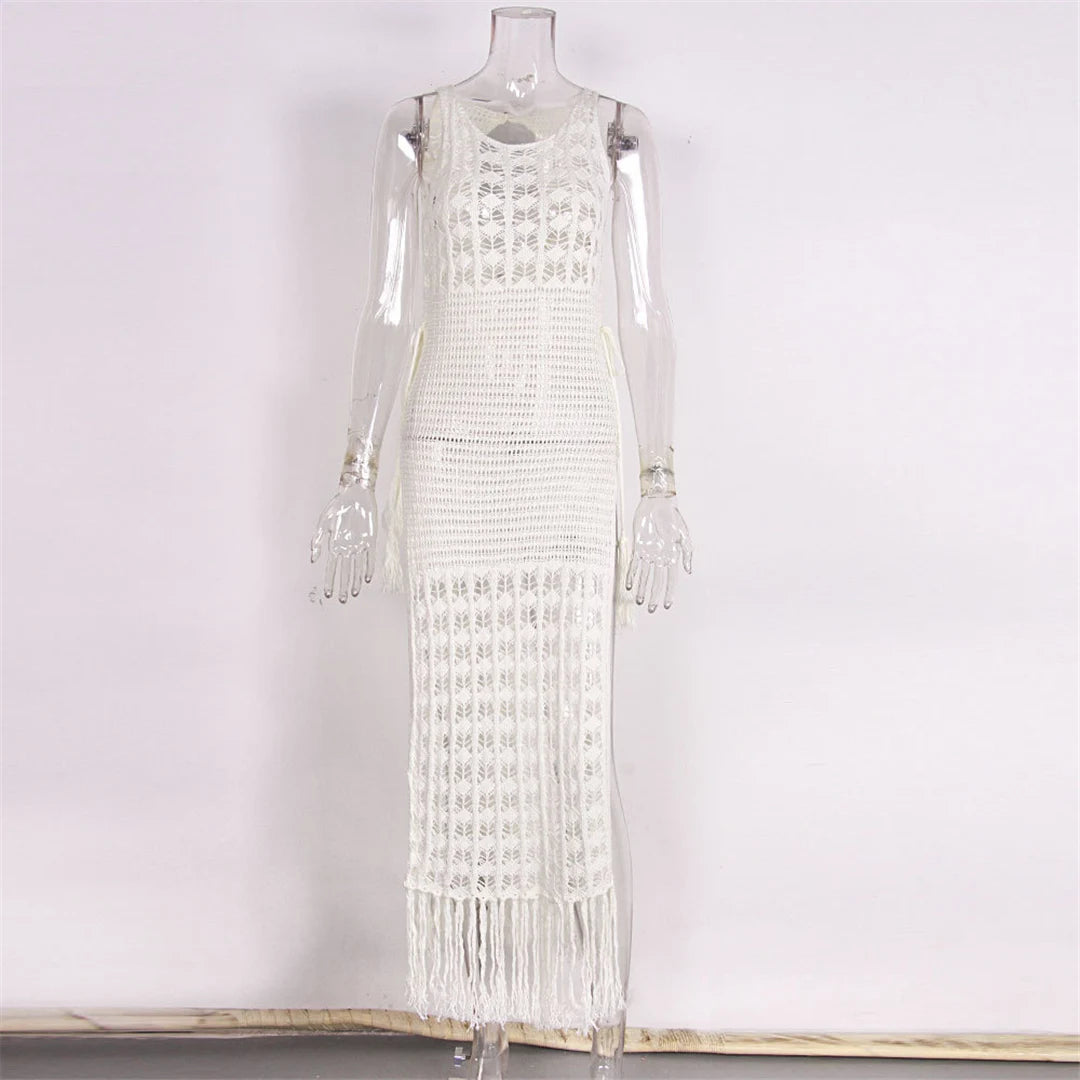 S-XL Sexy Hollow Out Fringe Tassel Knitted Crochet Tunic Beach Cover Up Cover-ups Beach Dress Beach Wear Beachwear Female V3800C