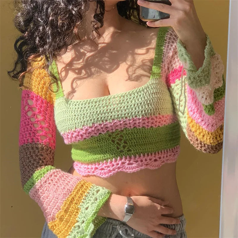 Women Summer Crop Tops Splicing Crochet Square Neck Long Sleeves Knitted T-shirt Tops 2021 Streetwear for Girls Green