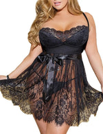 ohyeah Women Plus Size Lingerie Eyelash Lace Babydoll Nightgown Big Size Sleepwear Mesh Chemise Boudoir Nightdress
