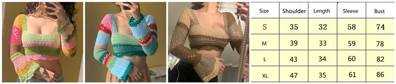 Women Summer Crop Tops Splicing Crochet Square Neck Long Sleeves Knitted T-shirt Tops 2021 Streetwear for Girls Green