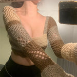 Women Summer Crop Tops Splicing Crochet Square Neck Long Sleeves Knitted T-shirt Tops 2021 Streetwear for Girls Green
