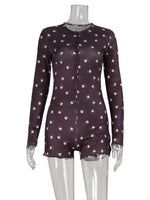 Ahagaga Casual Women Playsuits O-Neck Regular Long Sleeves Print Single Breasted Skinny Homewear Floral Sweet Femlae Rompers