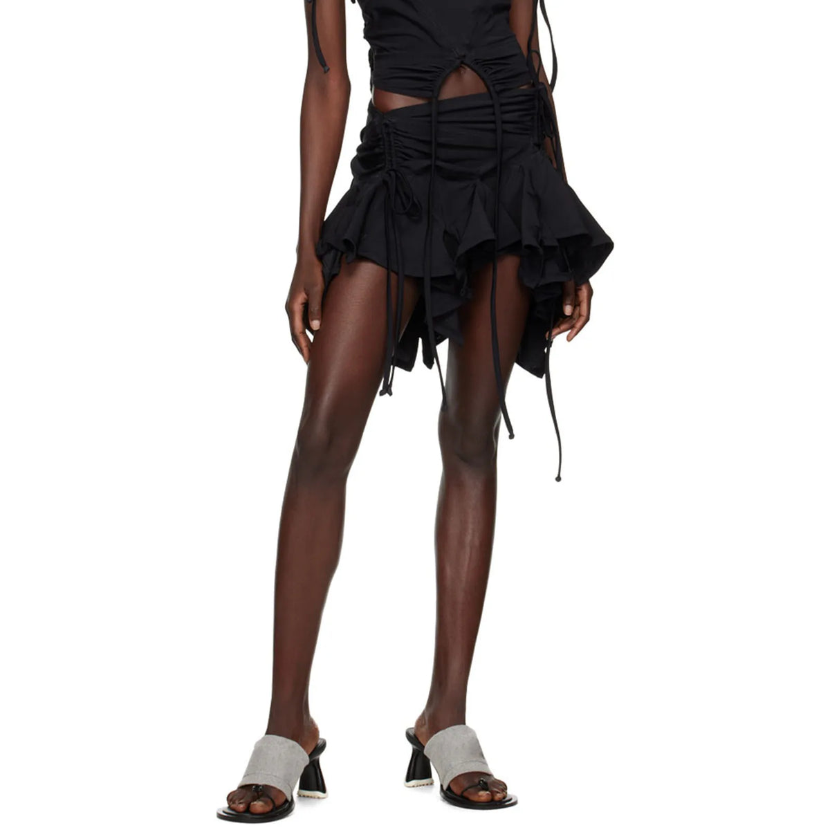 Women Solid Color Gothic Punk Irregular Skirts Summer Fashion Drawstring Tie-Up Ruched Ruffles Mini SkirtBlack/White
