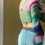 Women Summer Crop Tops Splicing Crochet Square Neck Long Sleeves Knitted T-shirt Tops 2021 Streetwear for Girls Green