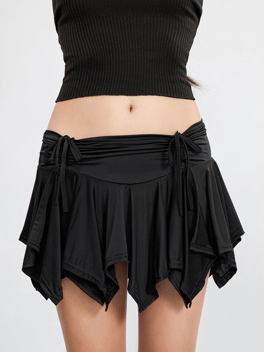 Women Solid Color Gothic Punk Irregular Skirts Summer Fashion Drawstring Tie-Up Ruched Ruffles Mini SkirtBlack/White