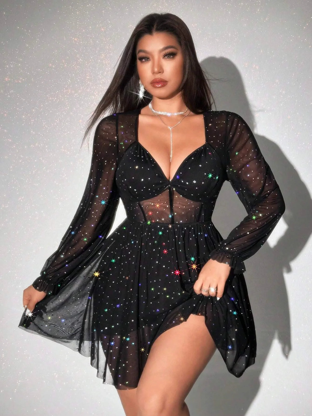 Women's plus size dress, sparkling sheer mesh see-through sexy short dress, fashionable mini dress, V-neck mesh long-sleeved dre