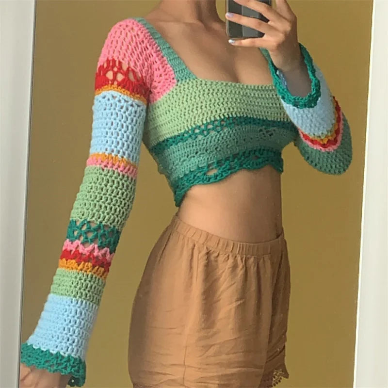 Women Summer Crop Tops Splicing Crochet Square Neck Long Sleeves Knitted T-shirt Tops 2021 Streetwear for Girls Green