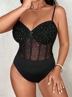 Plus-size Women's Rhinestone Shimmering See-through Bodysuit, Backless Lace Halter Mesh Sexy Bodysuit, Can Be Worn as an Outer G