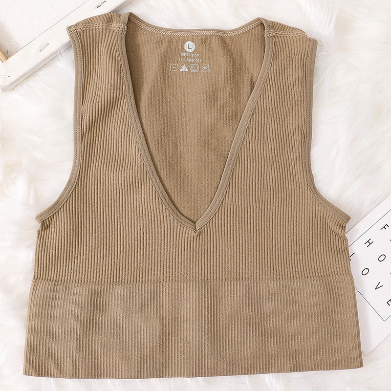 Summer Crop Top Women V-Neck Tanks Sexy Lingerie Sleeveless Short Tee Rib Fitness Underwear Sport Seamless Bra Tops Camisole