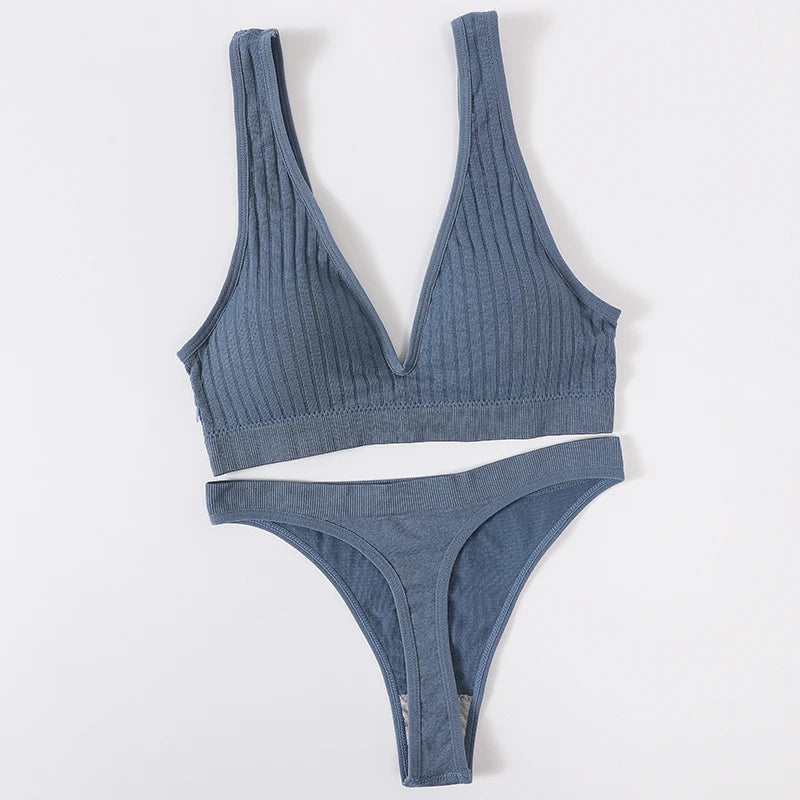 Women's Seamless Bra Panties Set Female Wirefree Brassiere Top Sports Underwear High Waist Briefs V Neck Sexy Lingerie Set