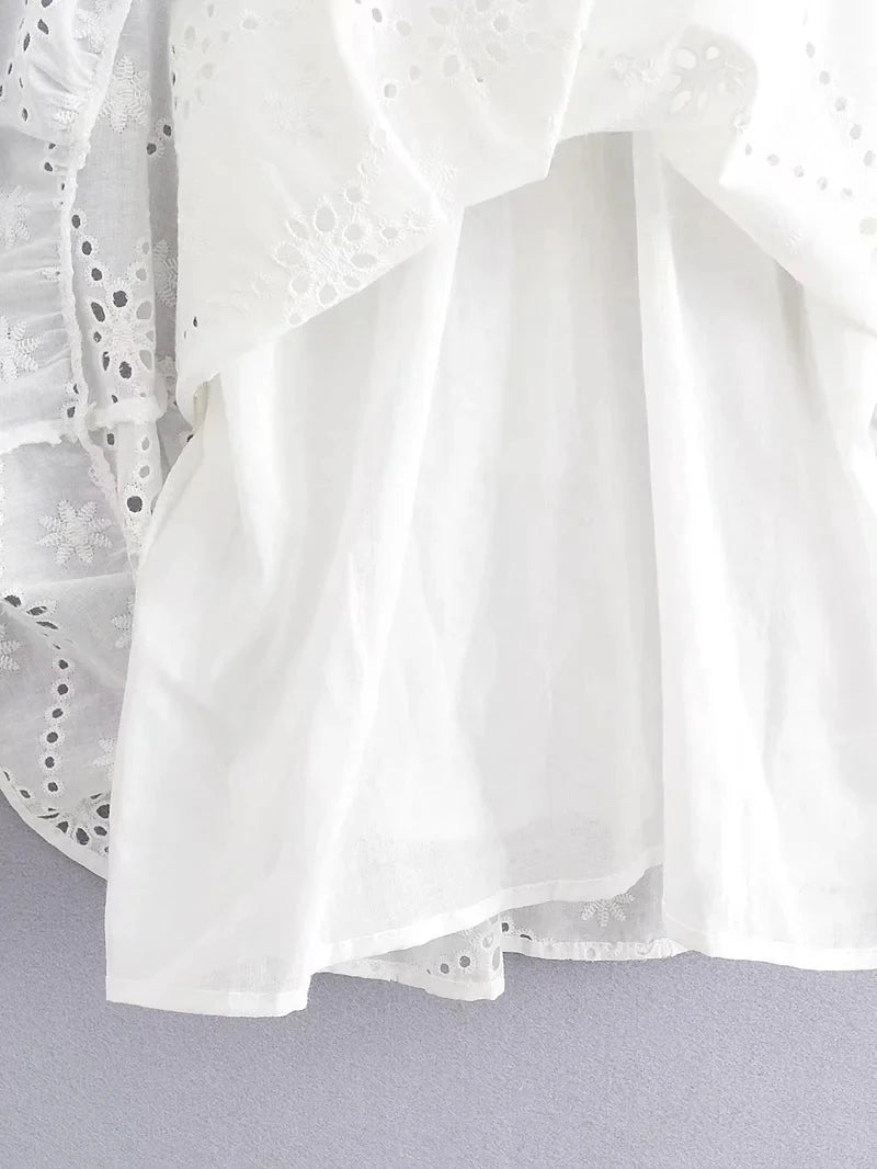 Foridol Waist Hollow Out V Neck Backless White Lace Party Dress Christmas Vestido Robe Ruffled Cotton Long Sleeve Autumn Dress