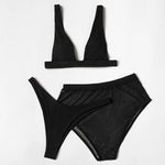 ZTVitality Black Ribbed Three Pieces Bikini 2025 New Padded High Cut Mesh Swimsuit Female Swimwear Women Beach Brazilian Biquini