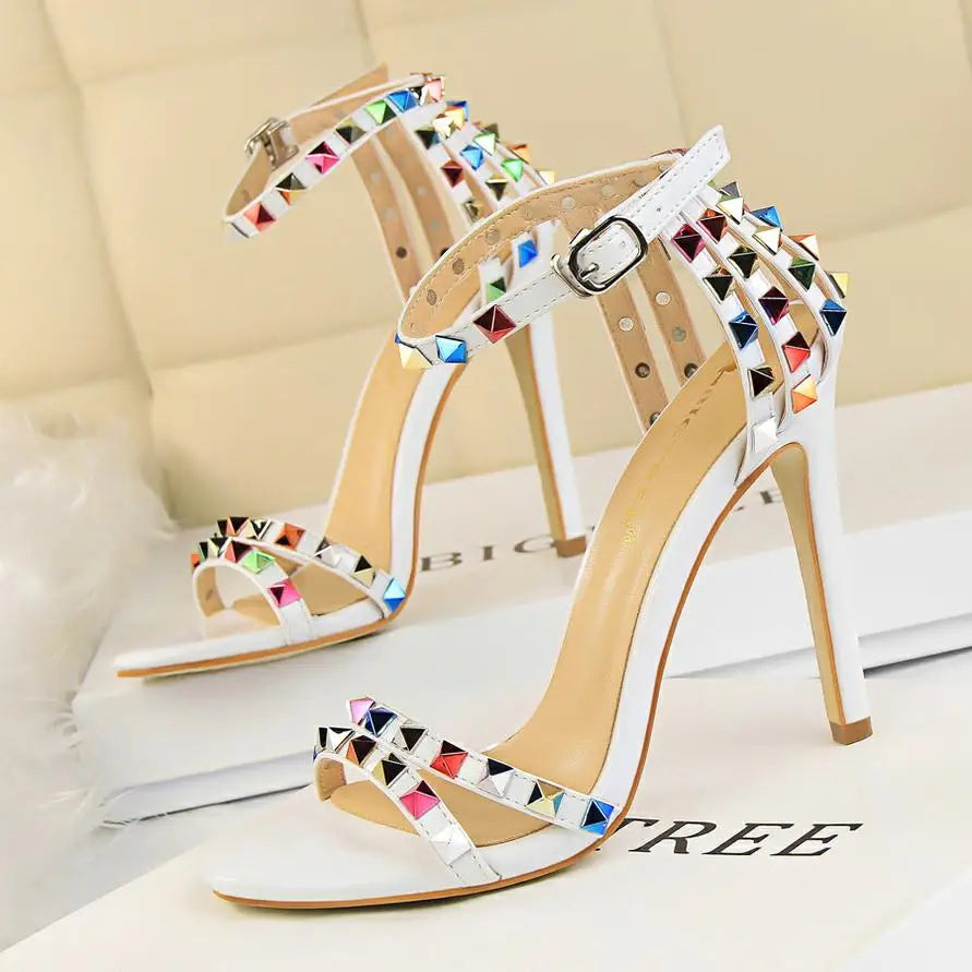 BIGTREE Shoes Color Rivets Women Sandals Roman Style Heeled Sandals Hollow Out High Heels Stiletto Sexy Party Shoes Sandals