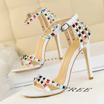 BIGTREE Shoes Color Rivets Women Sandals Roman Style Heeled Sandals Hollow Out High Heels Stiletto Sexy Party Shoes Sandals