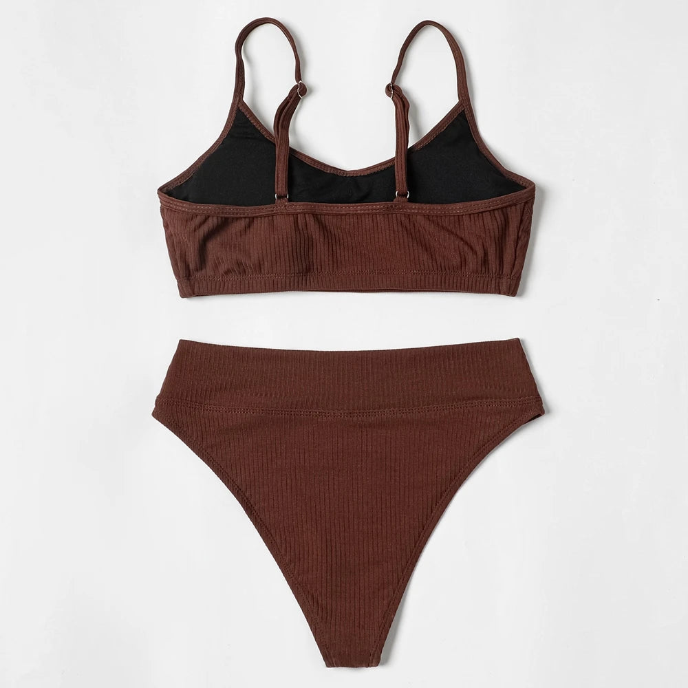 ZTVitality Push Up Solid High Waist Bikini 2025 New Straps Padded Ribbed Sexy Swimsuit Beachwear Swimwear Women Bathing Suit S-L