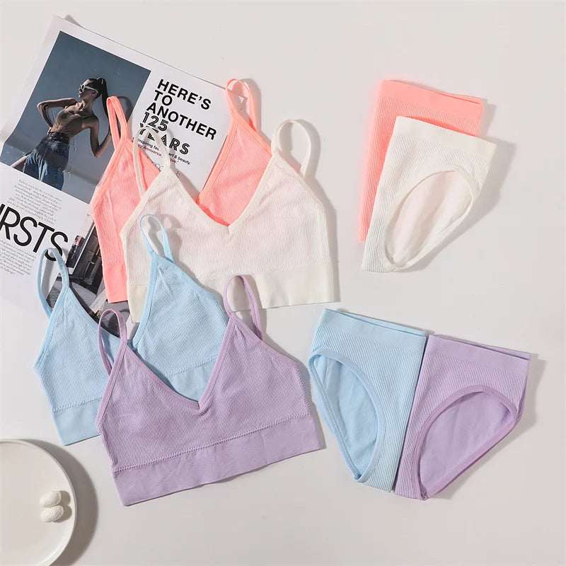 Women Seamless Bra And Panties Set U Back Bra Crop Top Sexy Lingerie Set No Pads Brassiere Low Rise Briefs Ladies Underwear Set