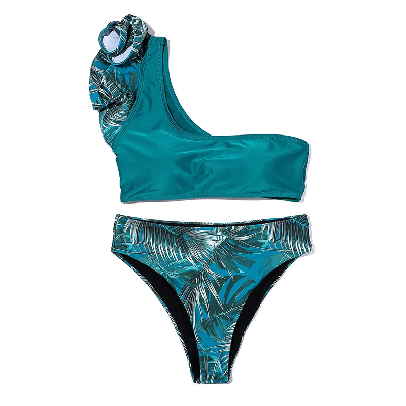 ZTVitality Ruffles One Shoulder Sexy Bikinis 2025 New Arrival Padded Leaves Swimsuit High Waist Swimwear Women Brazilian Bikini
