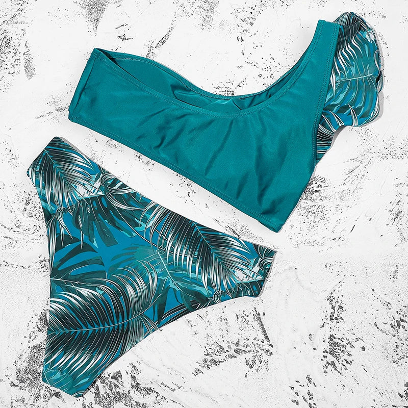 ZTVitality Ruffles One Shoulder Sexy Bikinis 2025 New Arrival Padded Leaves Swimsuit High Waist Swimwear Women Brazilian Bikini