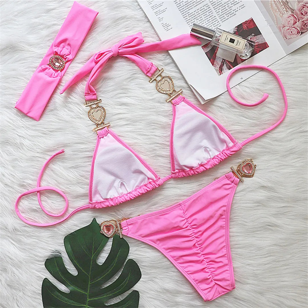 Diamond Rhinestone BikiniFemale Swimsuit Women Swimwear Two-pieces Bikini set With Hairbands Bather Bathing Suit Swim V3047G