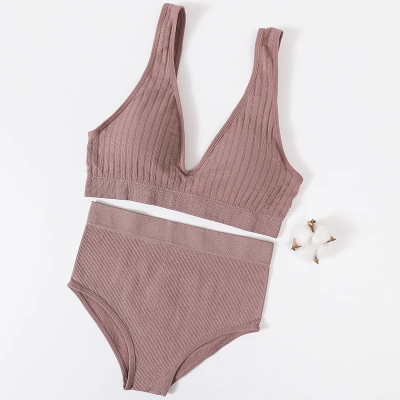 Women's Seamless Bra Panties Set Female Wirefree Brassiere Top Sports Underwear High Waist Briefs V Neck Sexy Lingerie Set